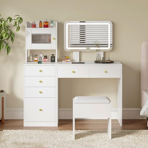 Dressing Table with Mirror and Stool Set, Modern Vanity Desk Makeup Table with Lights Mirror Color & Height Adjustable, Bedroom White Cosmetics Dresser with Shelves and 6 Drawers for Girls Women