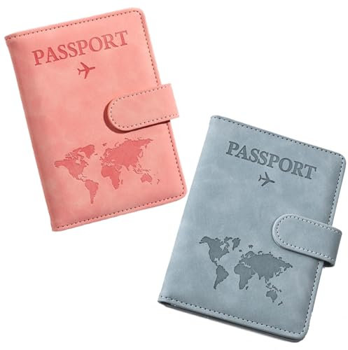 Passport Holder Cover Wallet Case, 2 Pcs PU Leather Travel Wallet with RFID Blocking Passport Book Holders Organiser Travel Must Haves Credit Cards Boarding Passes Covers for Men Women (Pink & Blue)