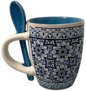 Tasse à café expresso traditionnelle du Portugal peinte à la main avec cuillère en céramique et boîte cadeau incluse Poterie portugaise Beau cadeau du Portugal (carreaux portugais avec cuillère bleue)