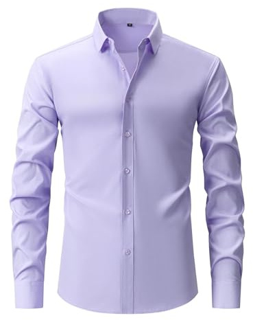 ABLYTMIAQ Camicia da uomo slim fit, non si stira, a maniche lunghe, camicia casual da lavoro, classica camicia con colletto con bottoni, taglie forti, XS-3XL, Viola chiaro, XS