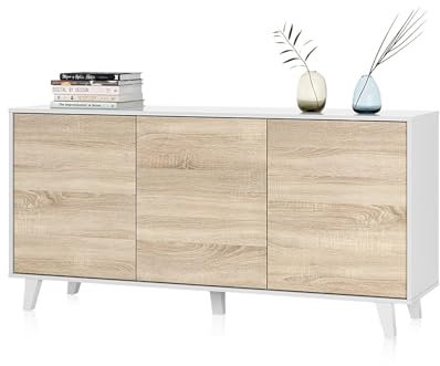 duehome | Aparador, Buffet, Salón Comedor 3 Puertas, Modelo Niva, Color Blanco Brillo y Roble Canadian, Medidas: 154 cm (Ancho) x 75 cm (Alto) x 41 cm (Fondo)