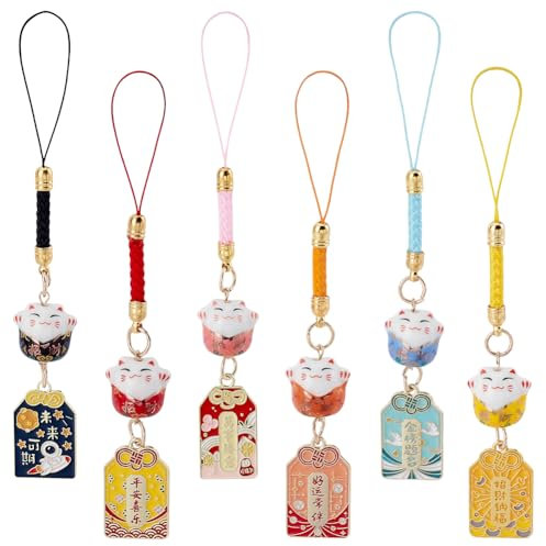 WEBEEDY 6 Styles Porte Clés Chat Chanceux de Japonais Maneki Neko Pendentifs de Fortune Chat Qui Attire les Ornements Suspendus pour Sacs et Téléphones Richesse Santé Fortune Évitant le Mal