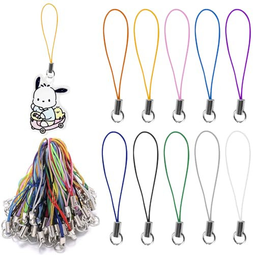 Phone Charm Strings, 100Pcs Phones Charm Making Kit 10 Colors Phone Keychain Strap Detachable Keychain Strings CellPhone Split Ring Strap Lanyard Decorations for Hanging Charms USB (Colourful)