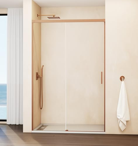 Paroi de douche avant en verre transparent pour douche sans profil inférieur, panneau fixe et coulissant Cuivre 135-140 cm