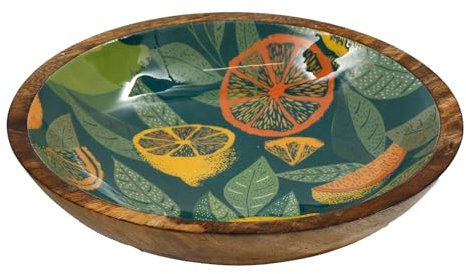 Large Teal Citrus Zest Wooden Fruit Bowl | Mango Wood Enamel Salad Bowl | Decorative Serving Dish - 30cm