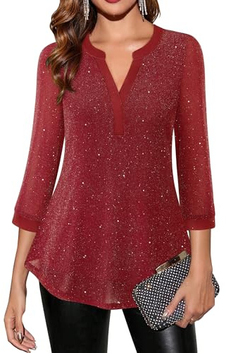 Vafoly 3/4 Ärmel Bluse für Damen elegant: Glitzer Bluse Party Business Casual Tunika für Büro professionell Kleidung Arbeitskleidung Lange Oberteile für Damen für Leggings Blinken Rot XXL