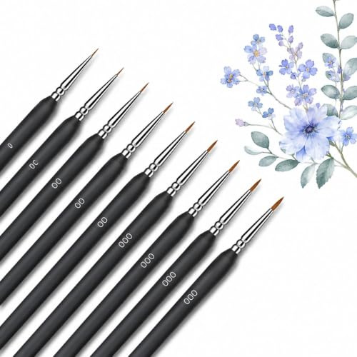 Funver 9PCS Miniature Thin Fine Detail Paint Brushes Set 3 Sizes 0 00 000 | Professional Small Fine Detailing Artist Brush Kit for Figure Model Acrylic Miniatures Watercolour Oil Painting Nail Art