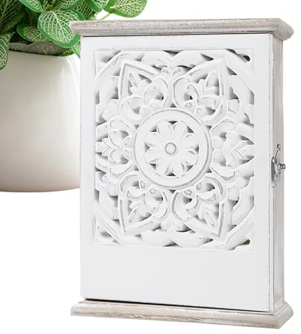 ycezw Boîte de rangement pour clés – Organiseur vintage en bois avec 6 crochets, design décoratif sculpté, boîte de verrouillage à clé murale | Porte-clés rustique pour la maison, les bureaux