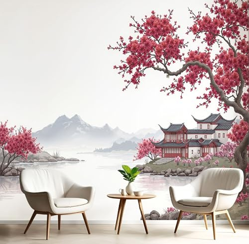 Fototapete 3D Effekt Pflaumenblüten Tapete China Tuschemalerei Berge Tapeten Vliestapete Modern Wandtapete Wohnzimmer Wanddeko Motivtapeten 350×256cm(W×H)