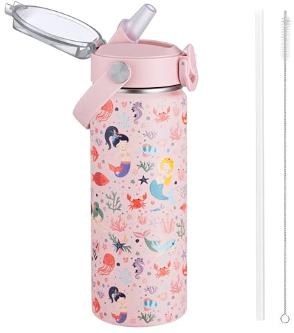 Autsel 550ml Gourde Isotherme avec Paille pour Enfant, Bouteille Isotherme Étanche, Gourde d'eau en Acier Inoxydable