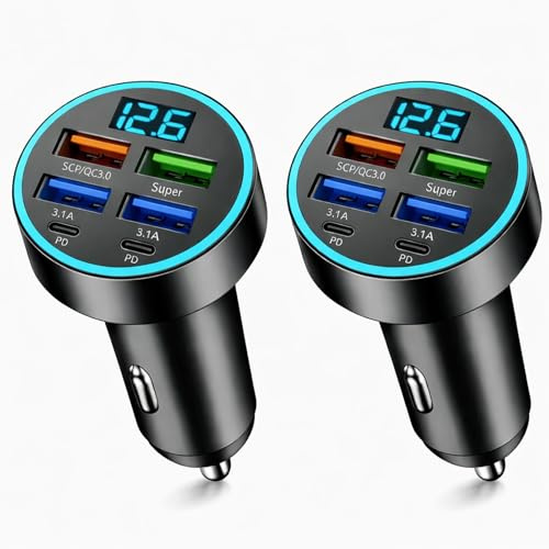 2PCS Auto USB Ladegerät 66W Mit 6 Ports, KFZ USB Ladegerät Für Zigarettenanzünder 12V/24V, Zigarettenanzünder Adapter Mit USBC Schnellladung Für Smartphone Tablet Navigation Und Weitere Geräte