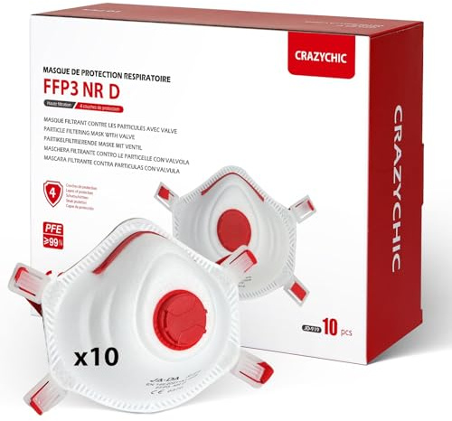 CRAZYCHIC - 10x Mascarilla FFP3 NR D - Certificada CE EN149 - Mascarilla de Protección Respiratoria Antipolvo con Válvula - Alta Filtración Contra Contaminación Trabajos Construcción Pintura Química