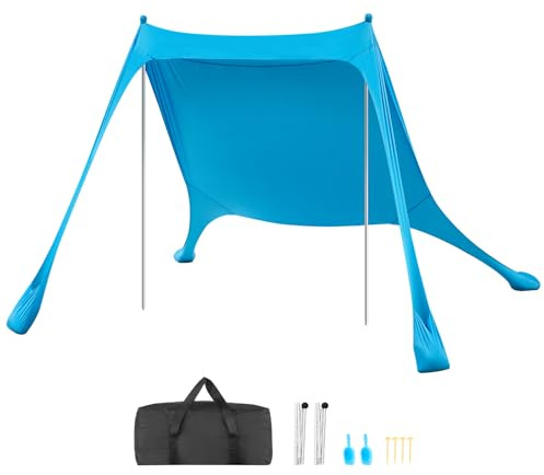VEVOR Tienda de Playa Desplegable 2,3 x 2,3 m, Toldo de Playa Portátil, Protección UPF 50+, con Polos de Aluminio Palas y Sacos de Arena, Carpa Solar Plegable para Vacaciones Viaje Camping, Color Azul