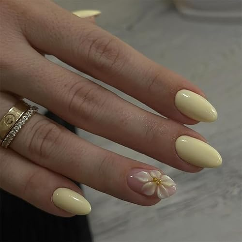 SUMINGGO 24Pcs Press on Nails Medium Almond - Fake Nails With Designs Full Cover With Glue Press ons Reusable Artificial Stick on Nails for Women(Yellow Flower)