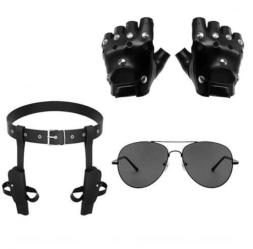 BORFUE 3Pcs Halloween Thigh Holsters Costume Cop Set,Adjustable Leg Weapon Holster,Glove,Black Sunglasses,Cosplay Accessory Cowboy Costume