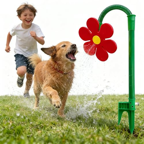 Crazy Daisy Sprinkler Dog - The Best Summer Toy for Dog & Kid Funny 360°Rotating Crazy Daisy Sprinkler, Crazy Dancing Flower Water Sprinkler for Garden Yard (Red)