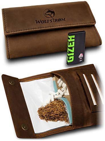 Tabaktasche 'Tåruk' – Premium Tabak-Beutel aus Leder – Dreher-Tasche mit Magnetverschluss, Filterfach und Double Blättchen-Halter – Vintage Brown