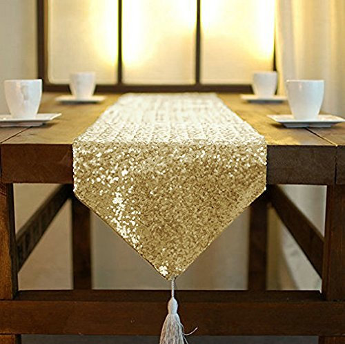 ShinyBeauty Light Gold Sequin Table Runner with Tassle - 12x120-Inch Graduation Decorations Champagne Gold Birthday Table Runner Tassel Linen Runner