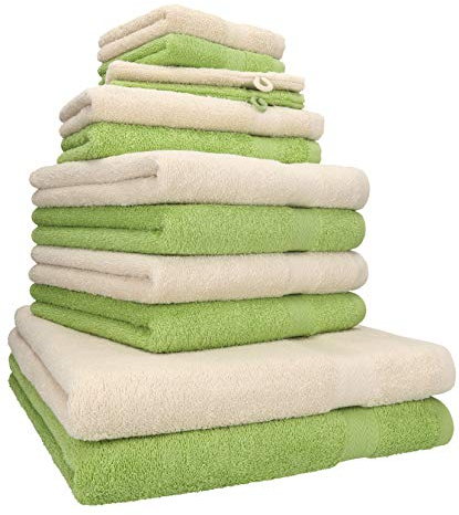 Betz 12-TLG. Handtuch Set Premium 100% Baumwolle 2 Duschtücher 4 Handtücher 2 Gästetücher 2 Seiftücher 2 Waschhandschuhe Sand/avocadogrün