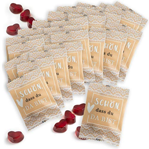 WeddingTree Fruchtgummi Herzen „Schön, dass du da bist“ 25 x 10 g - Herz Gummibärchen Schön dass du da bist - Gastgeschenke Hochzeit Süssigkeiten - Schön dass du da bist Gastgeschenk Hochzeit