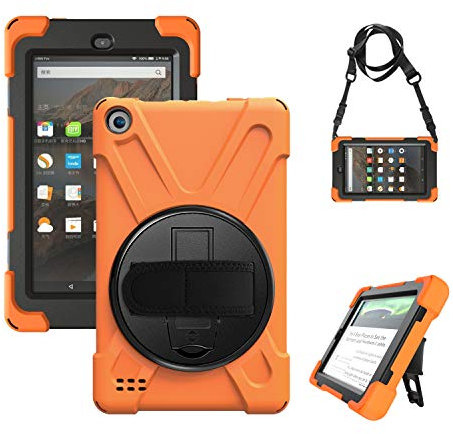 RLTech Funda Carcasa para All-New Fire 7 Tablet (9th generación - 2019 Release) - Tres Capas con función Atril Incorporada Shockproof Híbrido Resistente Case para Amazon Fire 7, Naranja
