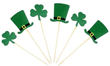 SUPVOX 20PCS St Patricks Day Shamrock Cake Topper Glitter Green Top Hat Cupcake Picks Toppers for St Patricks Day Party Decorations