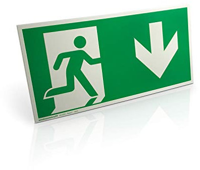 Notausgangsschild „rechts abwärts“ - Aluminium, langnachleuchtend - 30,0 x 15,0 cm - Gemäß ASR A1.3 DIN 7010 DIN 67510 - Rettungsweg, Fluchtweg - Betriebsausstattung24®