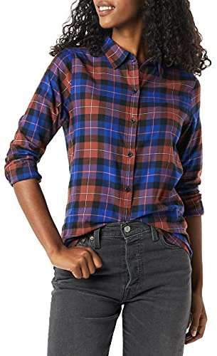 Amazon Essentials Women's Regular-Fit Long-Sleeve Lightweight Plaid Flannel Shirt, Multicolour Windowpane, XS
