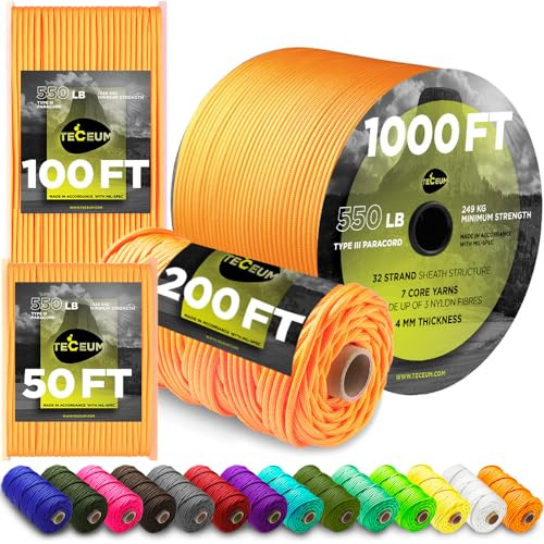 TECEUM Paracord Rope Type III 550 – Tactical MIL-SPEC – Outdoor Para Cord | Orange, 305m, Clothesline, Camping Fishing Gear and Equipment, DIY, Parachute Cord 4mm, Strong Survival Utility Rope