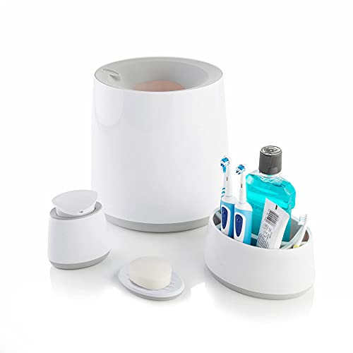 Minky Family Bathroom Accessory Bundle, 4 Pieces Bathroom Set Includes: Waste Bin, XL Storage Caddy, Soap Dish, Soap Dispenser, Bathroom and Toilet Accessories, White & Light Grey