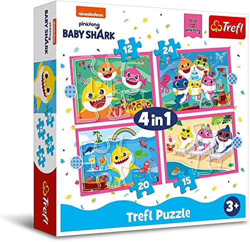Trefl 34378 Hai Und Seine Familie, Baby Shark von 12 bis 24 Teilen, 4 Sets, für Kinder ab 3 Jahren 4 in 1