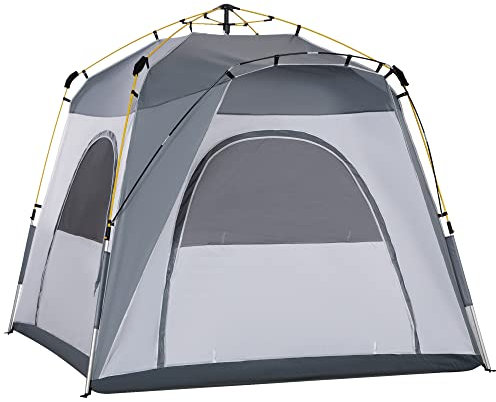 Outsunny Tente de Camping familiale 4 Personnes Tente dôme étanche légère, ventilée Facile à Monter Pop-up 4 fenêtres Pare-Soleil dim. 2,4L x 2,4l x 1,99H m Fibre Verre Polyester Blanc Gris