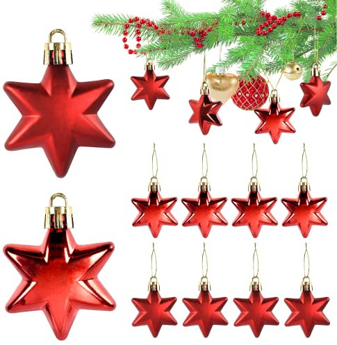 KATELUO 12 Stück Weihnachtsbaumschmuck, Christbaumanhänger Kunststoff, Stern Weihnachten Deko Weihnachtsbaum Anhänger mit Lanyards, Weihnachtskugeln Rot Christbaumkugeln für Christbaumschmuck