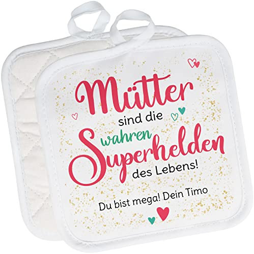 2er Set Topflappen personalisiert „Mütter sind die Wahren Superhelden“ – Topf-Untersetzer Offenhandschuh Küchenutensilien - Geschenk für Mama – kleine Geschenke zum Muttertag, Geburtstag, Weihnachten