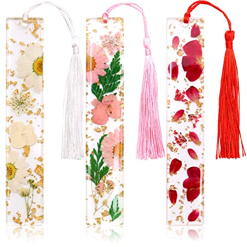 VEGCOO 3 Marque-Pages Floraux en Résine avec Fleurs Claires, Personnalisés avec Glands pour Professeurs, Lecteurs - Cadeaux d'Anniversaire et de Noël