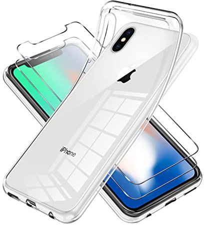 Vauki Coque pour iPhone XS/X avec Verre Trempé Protection écran 2 Pièces,Housse Etui Silicone TPU Souple Transparente Film Protection,Antichoc Case pour iPhone XS 5.8