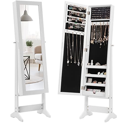HOMASIS 2 in 1 Schmuckschrank mit Spiegel & Regal, verstellbarer schmuckregal mit Stauraum aus Holz, Spiegelschrank mit Kettenhaken & Ringverschluss, Garderobenspiegel mit Schmuckkasten (Weiß)