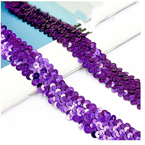 Yurosiay 5 metri × 3 cm, bordo elastico con paillettes, 3 file di nastro lucido con paillettes, colorato con paillettes, da cucire, nastro decorativo per fai da te, colore viola