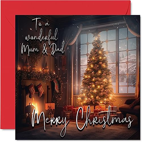 Traditionelle Weihnachtskarte für Mama und Papa – Frohe Weihnachten an Mama und Papa – Happy Xmas Weihnachtskarte vom Sohn, Tochter, Kind, 145 mm x 145 mm, einzelne saisonale Grußkarten, Geschenk