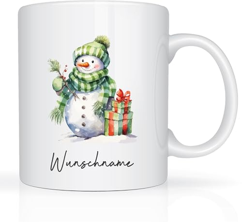 Print-Klex Tasse mit Namen und Schneemann Motiv Bedruckt Namentasse Namensbecher Xmas Geschenktasse Weiß Kaffeebecher Teetasse Weihnachtstasse Keramik mit Druck 330ml Tasse mit Text