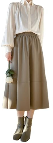 Damen Kunstleder Rock Retro High Waisted Plissee Lange A-Linie Midi Rock mit Taschen