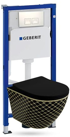 Lavita Duofix Basic Vorwandelement + Wand Tiefspül WC Sofi Slim Black Night Spülrandlos + WC Sitz + Bedienplatte Delta 25 Weißer Knopf Komplettset Unterputz Spülkasten Toilette Komplett Sett WC