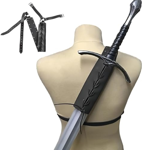 Anseom Mittelalterliche Retro Schwert Schulter Rücken Scheide Froschhalter, Schwarz Größenverstellbar Krieger Kostüm Schutzhülle Schwert Leder Schnalle Holster für Erwachsene Männer Schwerthalter