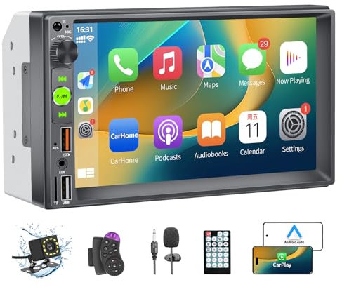 Radio Coche 2 DIN Compatible con Carplay, 7 Pulgadas Radio Coche Bluetooth Pantanlla Táctil soporta Manos Libres/FM/Mirror Link/USB/AUX