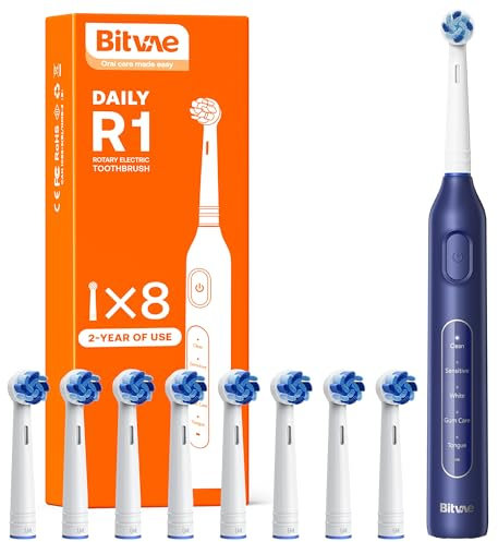 Brosse à dents électrique pour Adultes et Enfants,Brosse à dents Rotative avec 8 têtes de Brossage, 60 jours d'autonomie de la Batterie, 5 Modes, Bleu foncé