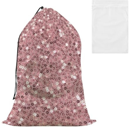 KLL Delicates Laundry Storage Bag with Laundry Mesh Bags Set for College Dorm or Travel Drawstring Closure Laundry Bin Bag, Rose Gold Sequins Glitter Pink
