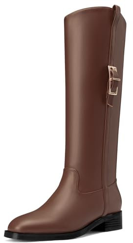 Castamere Donna Rotonda Punta Altezza Ginocchio Equitazione Stivali Basso Tacco Heel Fibbia Slip-on Dress Ufficio Metà polpaccio Stivali 3.5 CM Heels Marrone Scuro 43 EU