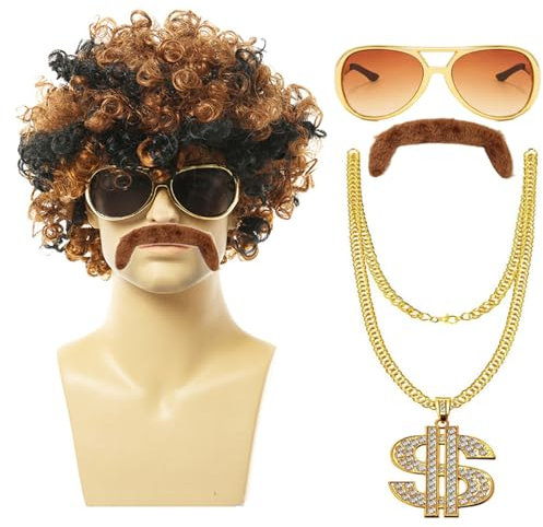 Jisrcha 5 Stück Set Hip Hop Schmuck, Mullet Wig Brown for Mullet Party, 80S Pop Icon Wig + Aviator, Disco Sonnenbrille Vokuhila Schnauzbart Perücke für Rollenspiel, Halloween(C)