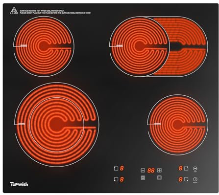 Topwish Glaskeramikkochfeld, 4 Zonen Glaskeramikkochfeld, 4 platten Keramikkochfeld, Kochfeld Autark 60cm, Doppelzone, Ovale Zone, Elektroherd mit Kindersicherung, Restwärmeanzeige, Timer, Verkabelt