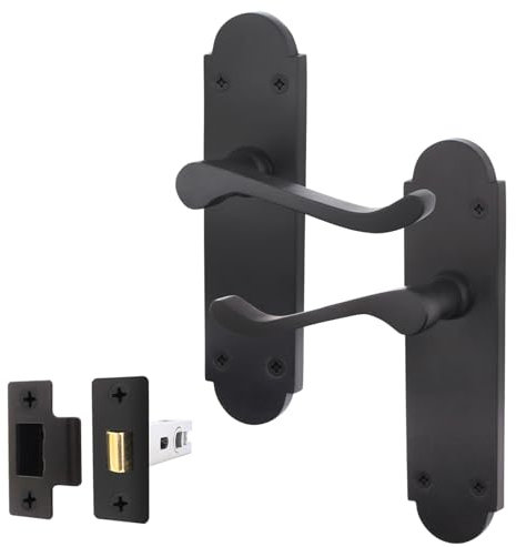 EAI Black Door Handle Latch Set - Victorian Scroll Shaped | 1 Pair of Internal Matt Black Lever Handles on Backplate & Latch (64mm)